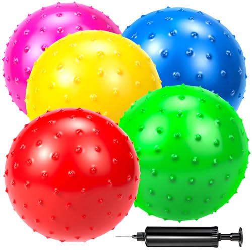 Hymaz 9-Inch Knobby Balls Set of 5 – Soft Sensory Bouncy Balls with Pump for Kids, Toddlers, Stress Relief, Party Favors