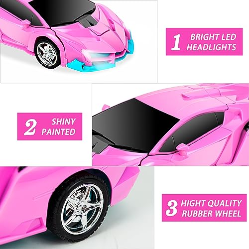 Hymaz Pink Remote Control Car for Kids – 1:18 Scale Transforming Robot Toy with 360° Drift Spin