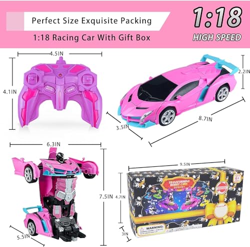 Hymaz Pink Remote Control Car for Kids – 1:18 Scale Transforming Robot Toy with 360° Drift Spin