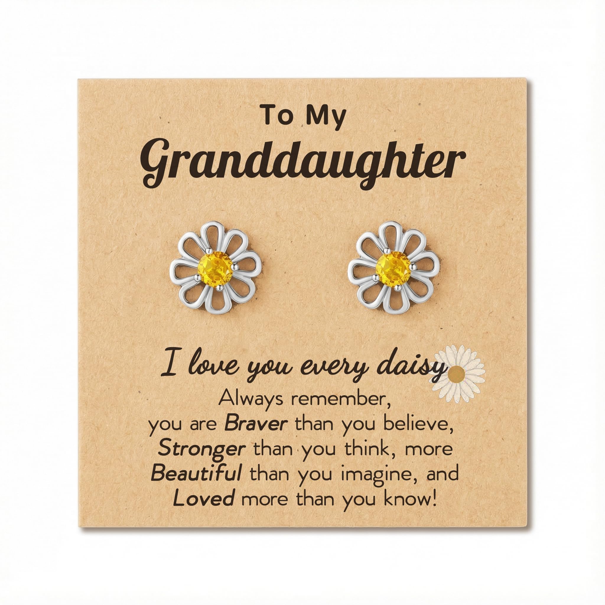Hypoallergenic Daisy Stud Earrings for Granddaughter – Gold or Silver Plated with CZ, Gift Card & Pouch