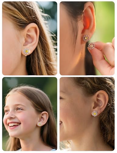 Hypoallergenic Daisy Stud Earrings for Granddaughter – Gold or Silver Plated with CZ, Gift Card & Pouch