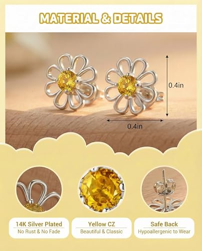 Hypoallergenic Daisy Stud Earrings for Granddaughter – Gold or Silver Plated with CZ, Gift Card & Pouch