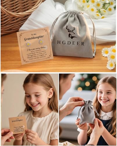 Hypoallergenic Daisy Stud Earrings for Granddaughter – Gold or Silver Plated with CZ, Gift Card & Pouch