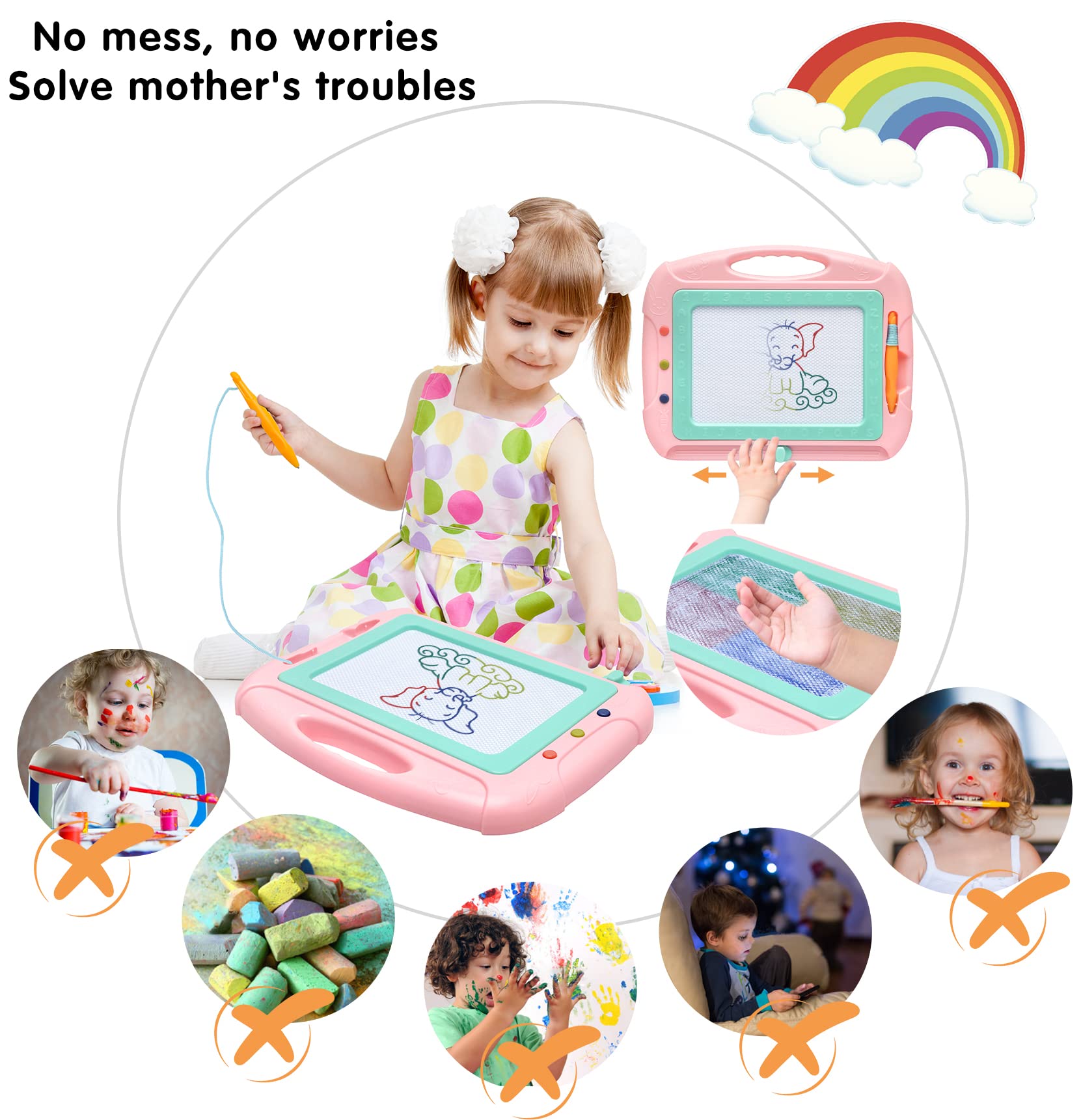 HZZILEY Magnetic Drawing Board for 3 Year Old Girls – Mess-Free Doodle Pad with 4 Color Zones, Detachable Legs & Alphabet Numbers