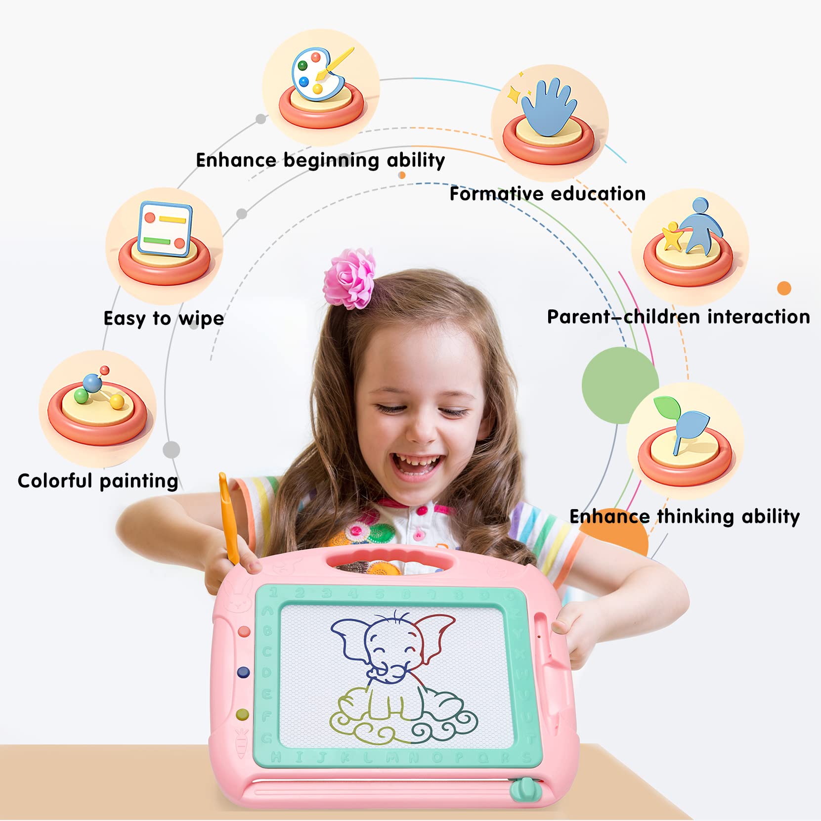 HZZILEY Magnetic Drawing Board for 3 Year Old Girls – Mess-Free Doodle Pad with 4 Color Zones, Detachable Legs & Alphabet Numbers