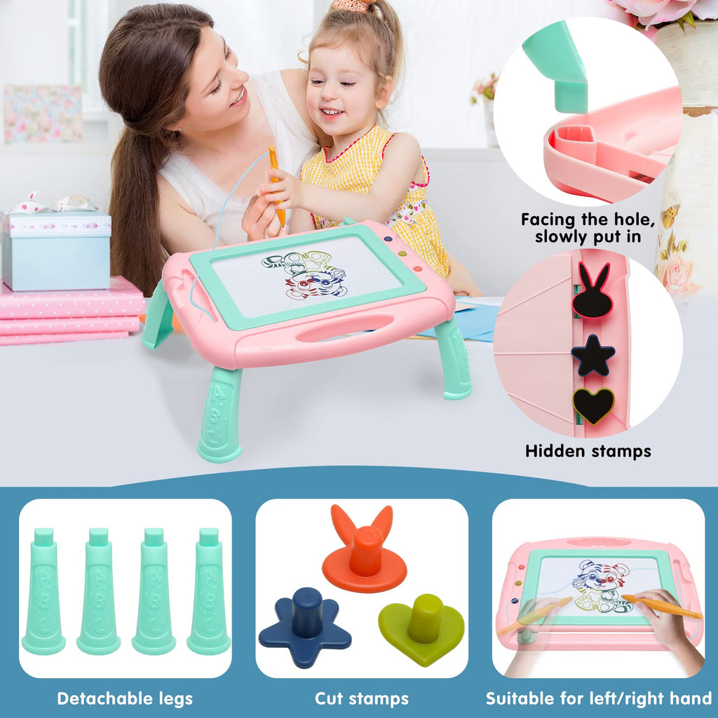 HZZILEY Magnetic Drawing Board for 3 Year Old Girls – Mess-Free Doodle Pad with 4 Color Zones, Detachable Legs & Alphabet Numbers