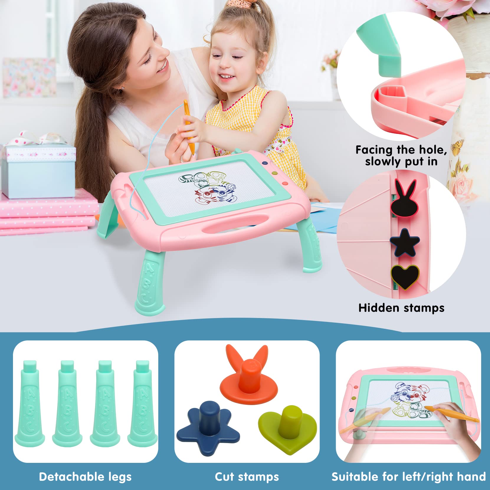 HZZILEY Magnetic Drawing Board for 3 Year Old Girls – Mess-Free Doodle Pad with 4 Color Zones, Detachable Legs & Alphabet Numbers