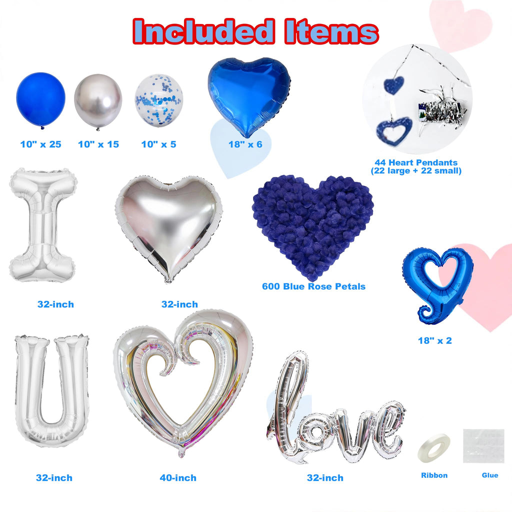 I Love You Blue & Silver Balloon Set for Him - 100 Pieces with Petals, Hearts, Confetti