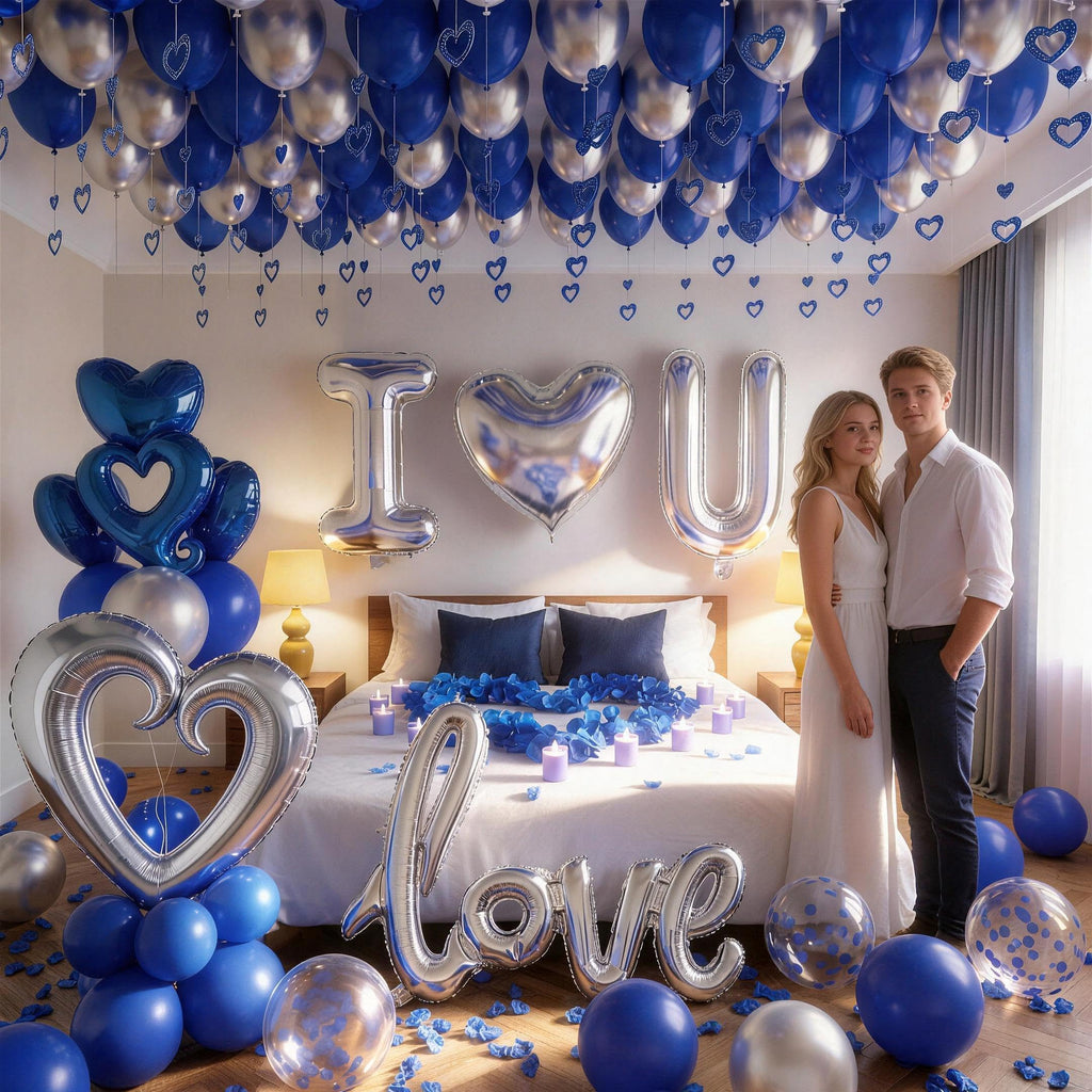 I Love You Blue & Silver Balloon Set for Him - 100 Pieces with Petals, Hearts, Confetti