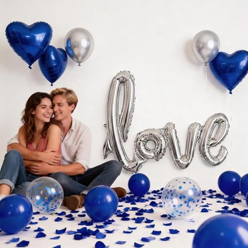I Love You Blue & Silver Balloon Set for Him - 100 Pieces with Petals, Hearts, Confetti