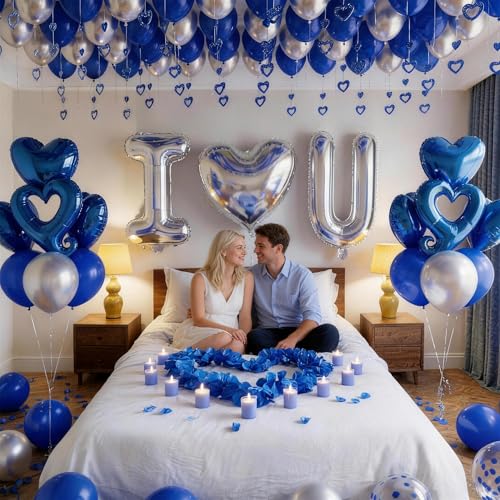 I Love You Blue & Silver Balloon Set for Him - 100 Pieces with Petals, Hearts, Confetti