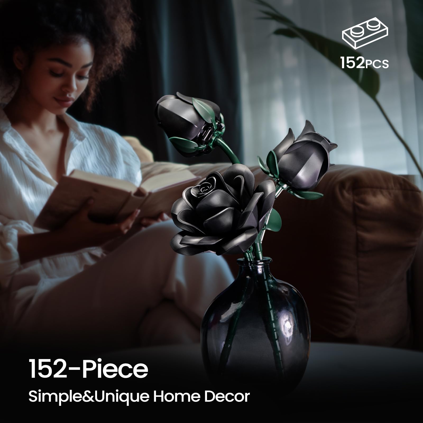 iATOM Black Roses Building Set - 3 Pack, Gothic Decor, 152-Piece Building Toy for Adults