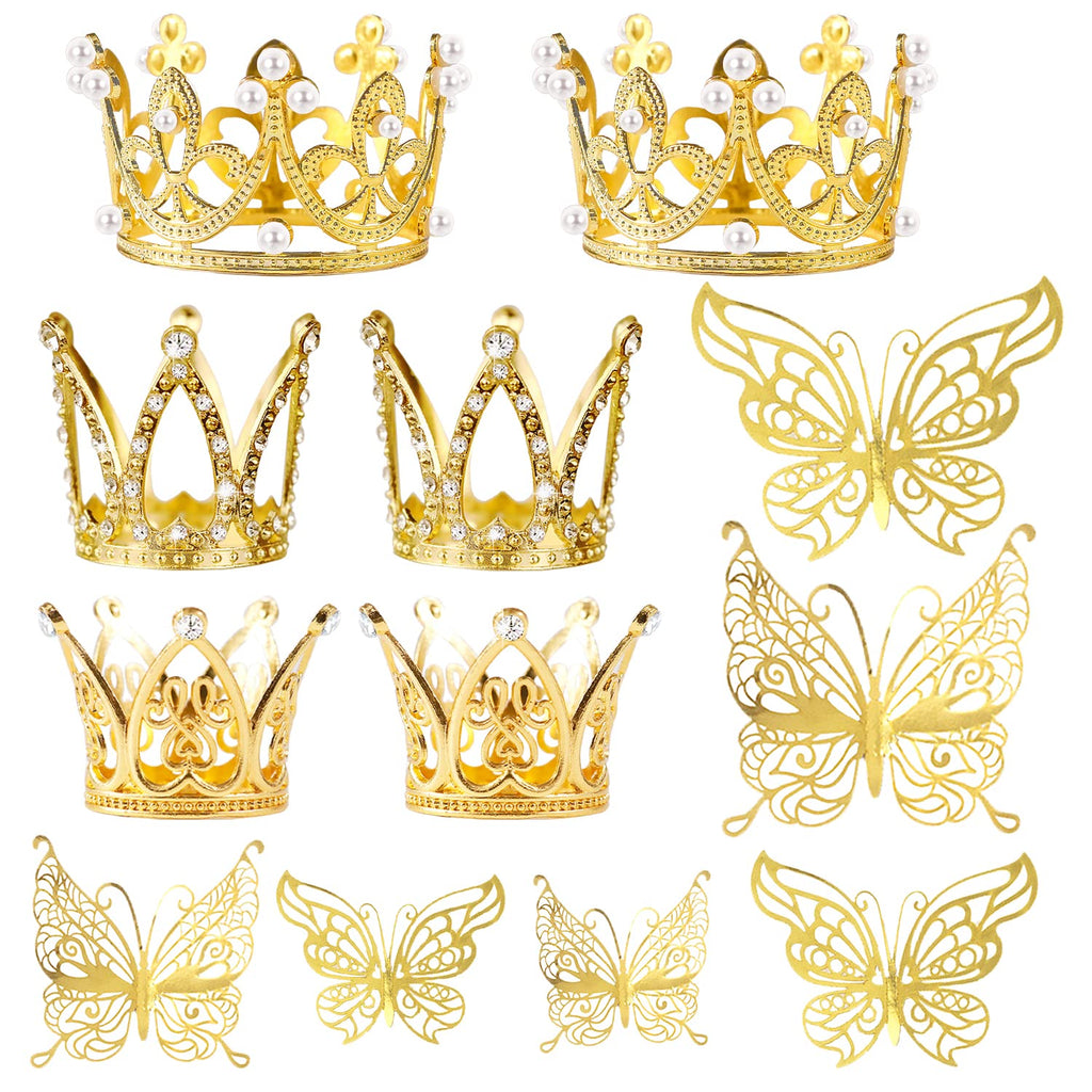 IAXSEE 30-Piece Mini Gold Crown Cake Toppers with 3D Butterflies – Wedding, Baby Shower, Birthday Decorations