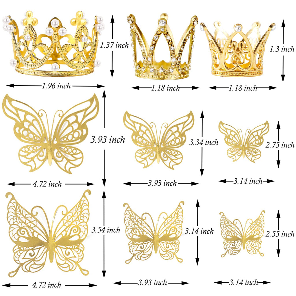 IAXSEE 30-Piece Mini Gold Crown Cake Toppers with 3D Butterflies – Wedding, Baby Shower, Birthday Decorations