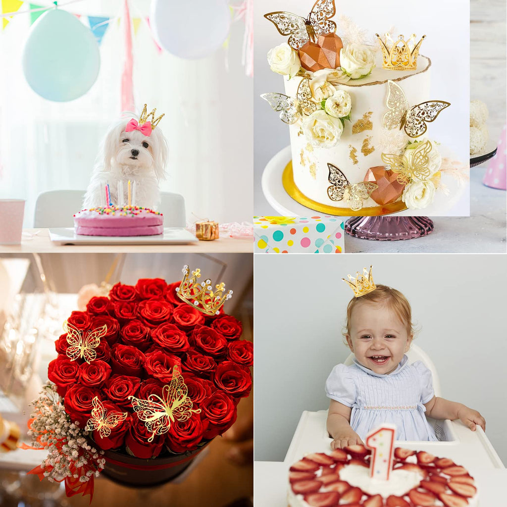 IAXSEE 30-Piece Mini Gold Crown Cake Toppers with 3D Butterflies – Wedding, Baby Shower, Birthday Decorations
