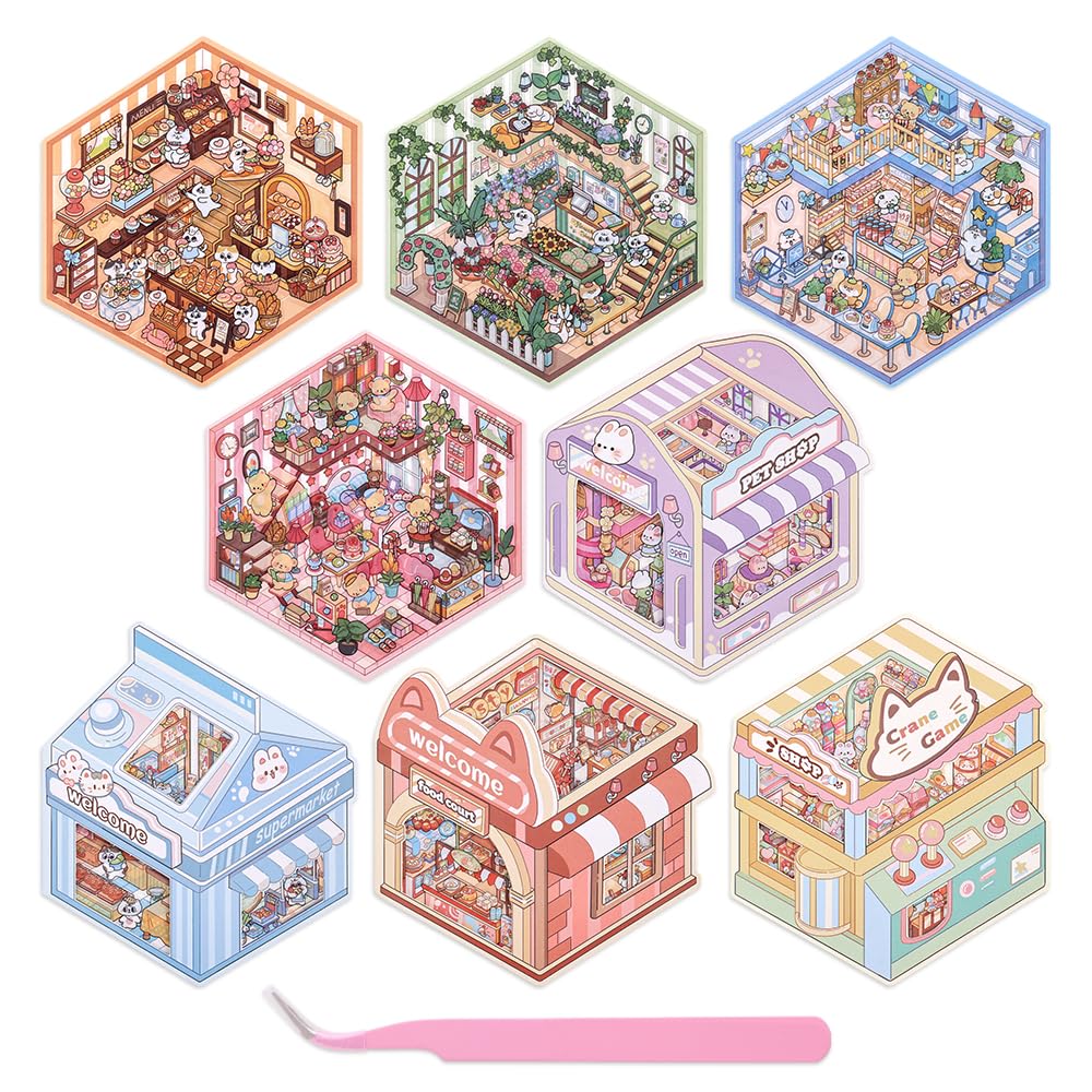 ICCEEMEE 8-Pack 3D Diorama Stickers - Convenience Store, Bakery, Pet Shop Scenes