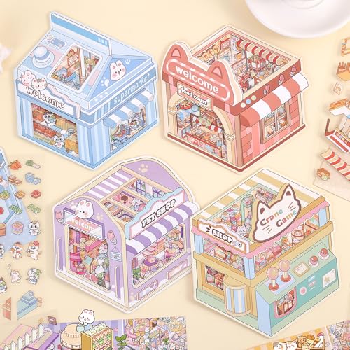 ICCEEMEE 8-Pack 3D Diorama Stickers - Convenience Store, Bakery, Pet Shop Scenes