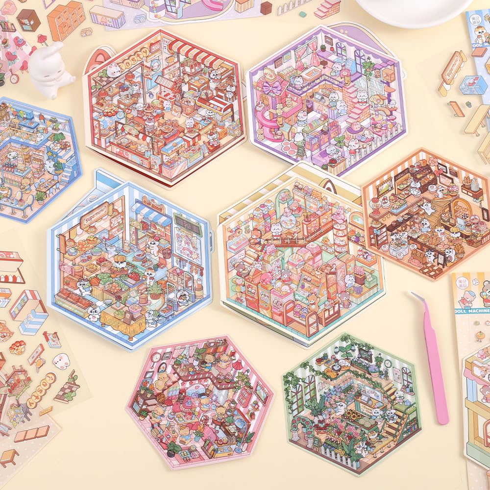 ICCEEMEE 8-Pack 3D Diorama Stickers - Convenience Store, Bakery, Pet Shop Scenes