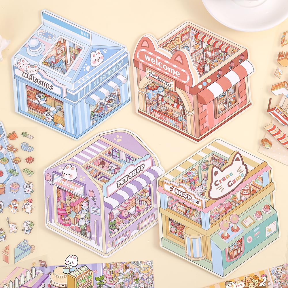 ICCEEMEE 8-Pack 3D Diorama Stickers - Convenience Store, Bakery, Pet Shop Scenes