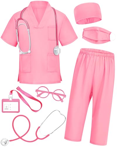 ICECUTE 7-Piece Kids Doctor Costume with Real Stethoscope, Scrubs Set for Toddlers Ages 3-11