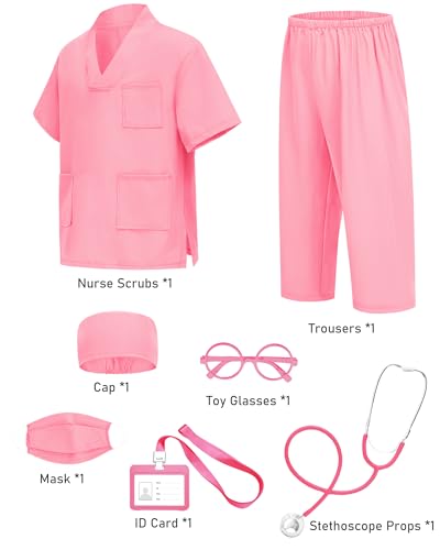 ICECUTE 7-Piece Kids Doctor Costume with Real Stethoscope, Scrubs Set for Toddlers Ages 3-11