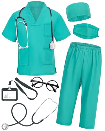 ICECUTE Kids Doctor Costume 7-Piece Scrubs Set with Real Stethoscope for 3-11 Years