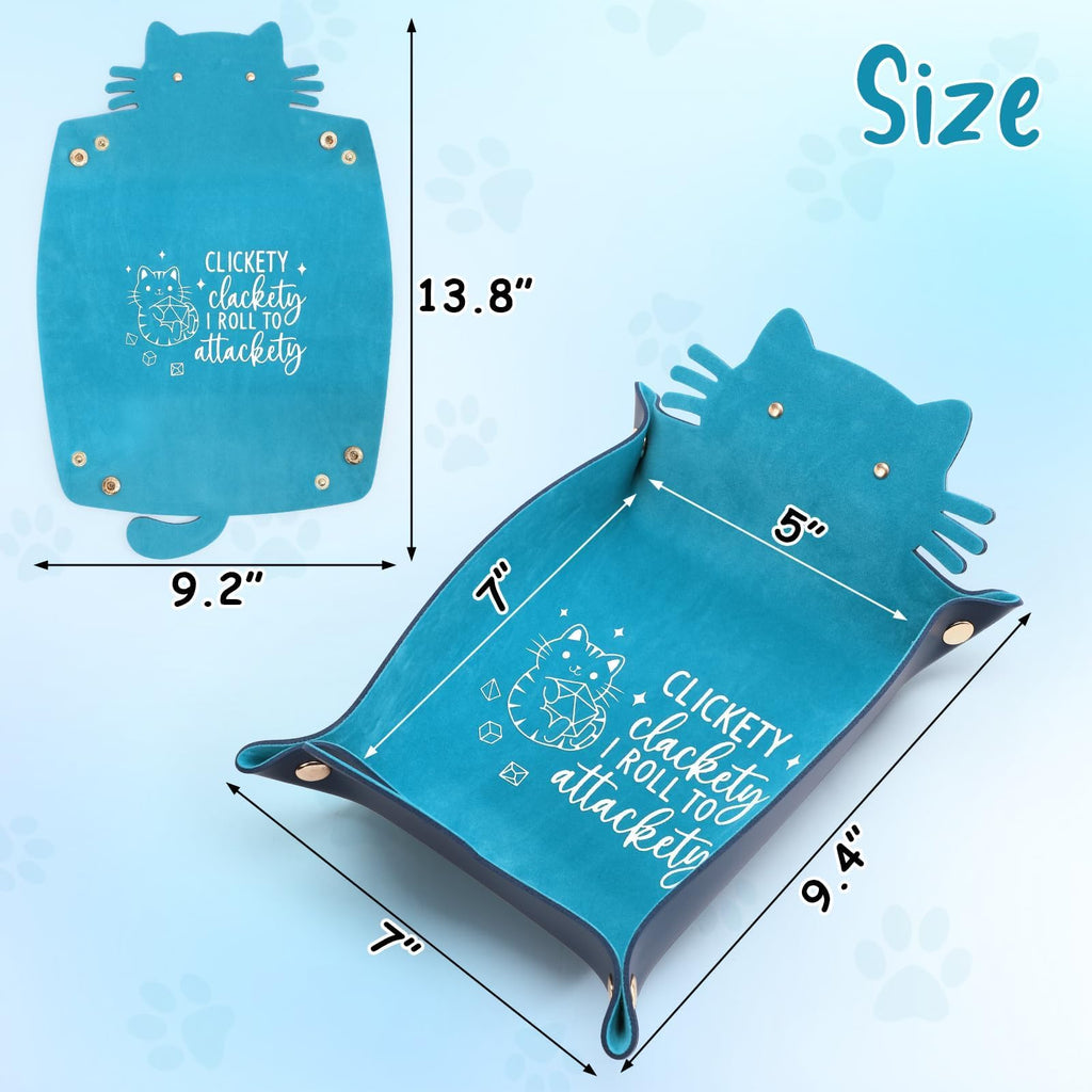 ICoDeesse Blue Cat Dice Tray - Foldable PU Leather Cat-Shaped Rolling Tray for RPG Games, Desk Organizer, 13.8 Inches
