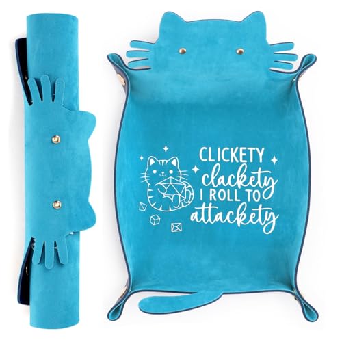 ICoDeesse Blue Cat Dice Tray - Foldable PU Leather Cat-Shaped Rolling Tray for RPG Games, Desk Organizer, 13.8 Inches