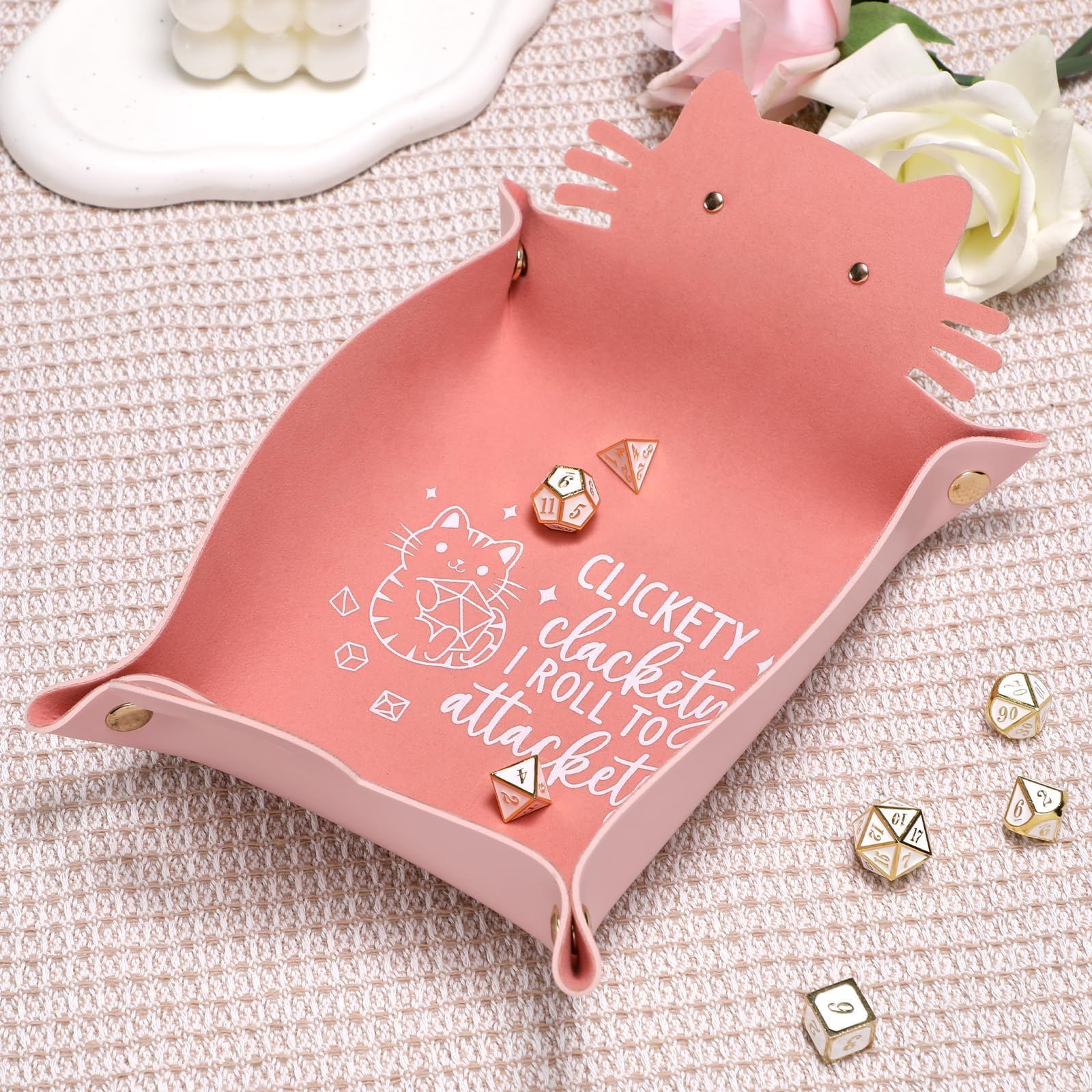 ICoDeesse Cat Dice Tray - Pink Folding Leather Portable Tray for RPG & DND Games