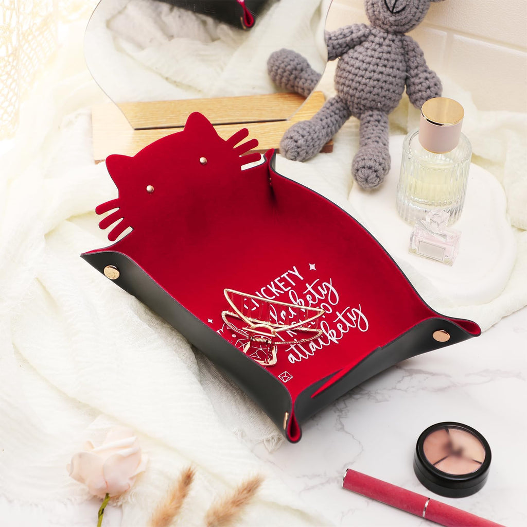 ICoDeesse Red Cat Dice Tray - PU Leather Rolling Tray for DND, RPG, Portable Desk Organizer