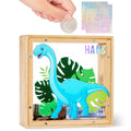 ICOSY Wooden Piggy Bank for Kids - DIY Name Unicorn Dinosaur Money Bank with Alphabet Stickers and Transparent Acrylic Sheet (5.9x5.9x1.9 inches)