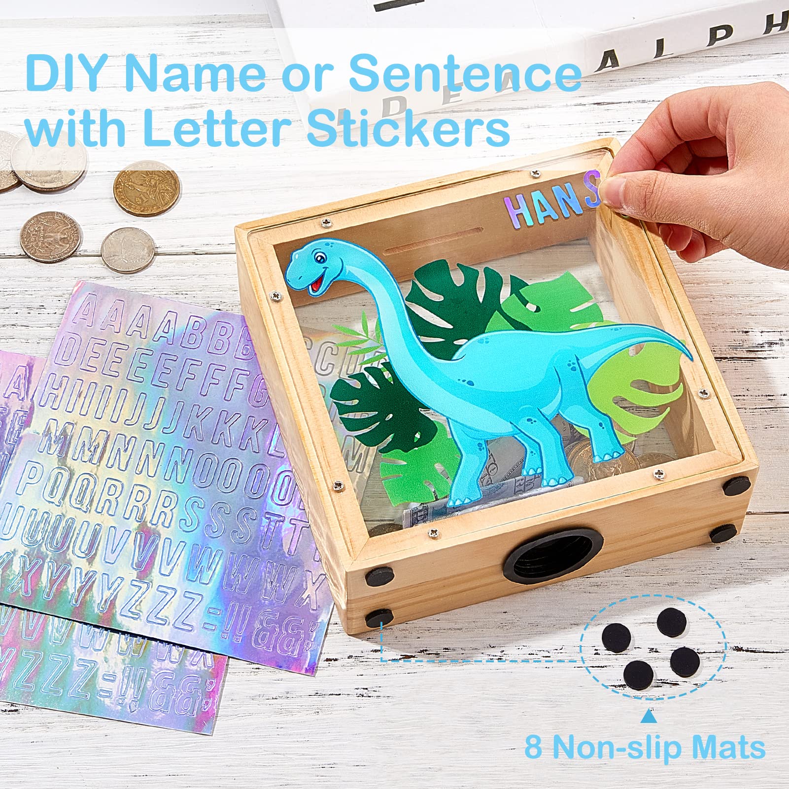 ICOSY Wooden Piggy Bank for Kids - DIY Name Unicorn Dinosaur Money Bank with Alphabet Stickers and Transparent Acrylic Sheet (5.9x5.9x1.9 inches)