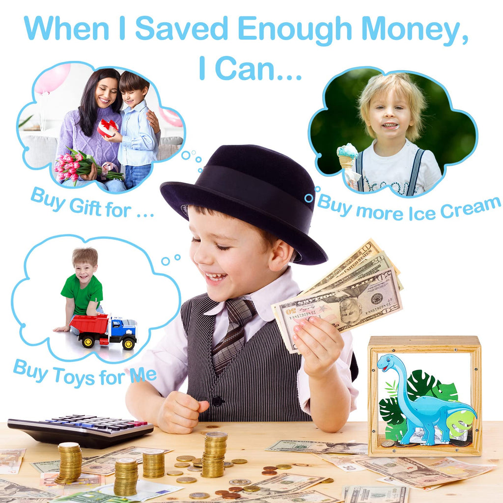 ICOSY Wooden Piggy Bank for Kids - DIY Name Unicorn Dinosaur Money Bank with Alphabet Stickers and Transparent Acrylic Sheet (5.9x5.9x1.9 inches)