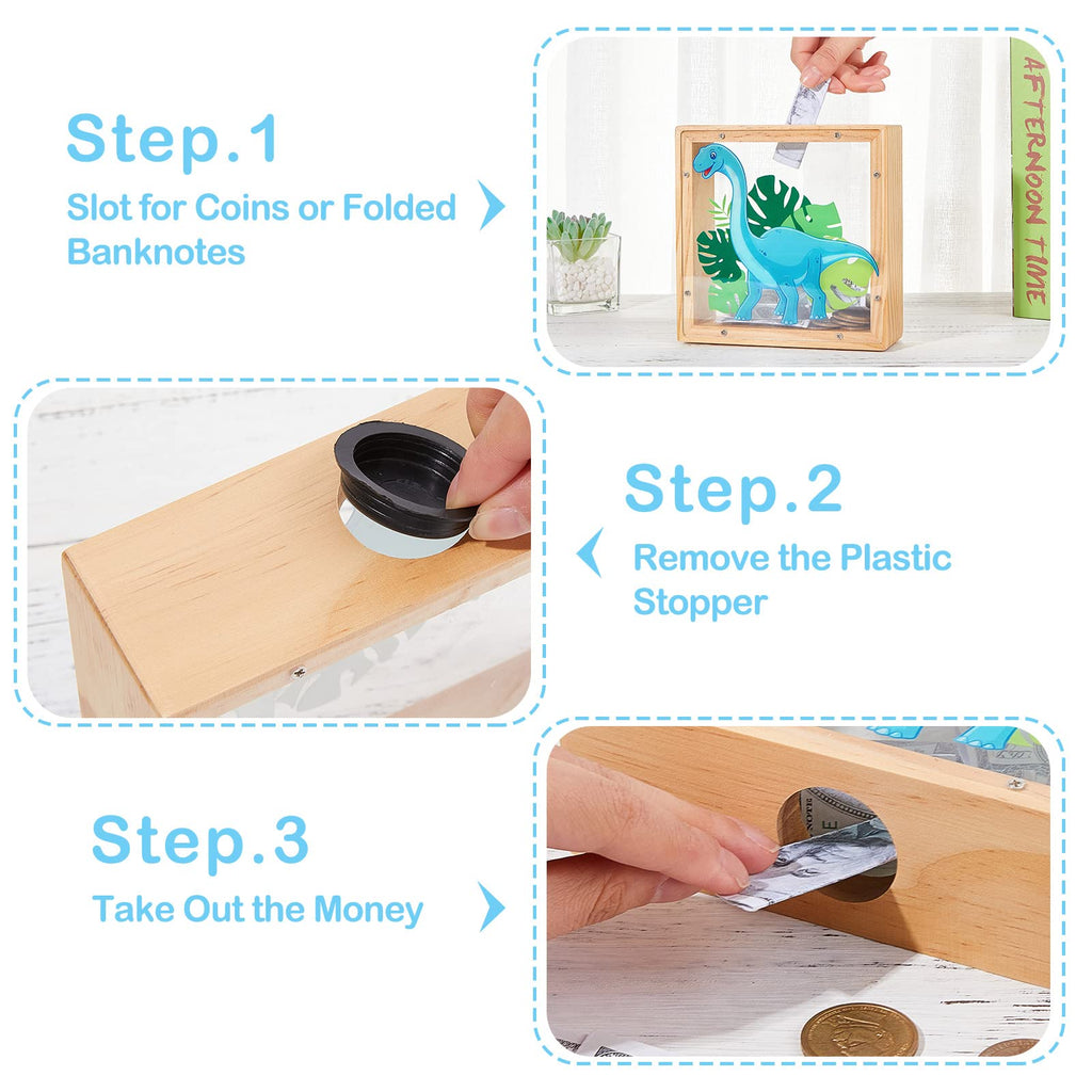 ICOSY Wooden Piggy Bank for Kids - DIY Name Unicorn Dinosaur Money Bank with Alphabet Stickers and Transparent Acrylic Sheet (5.9x5.9x1.9 inches)