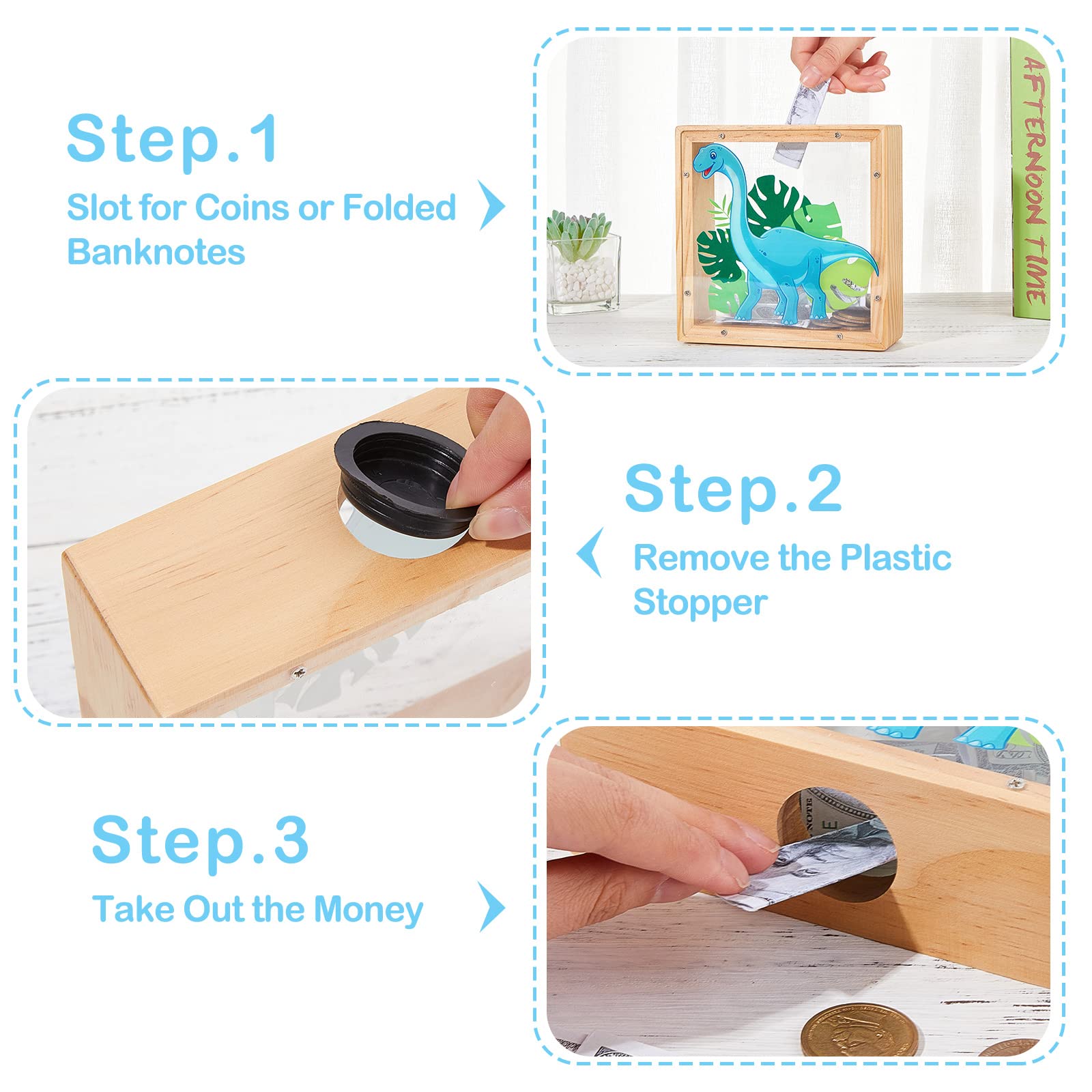 ICOSY Wooden Piggy Bank for Kids - DIY Name Unicorn Dinosaur Money Bank with Alphabet Stickers and Transparent Acrylic Sheet (5.9x5.9x1.9 inches)