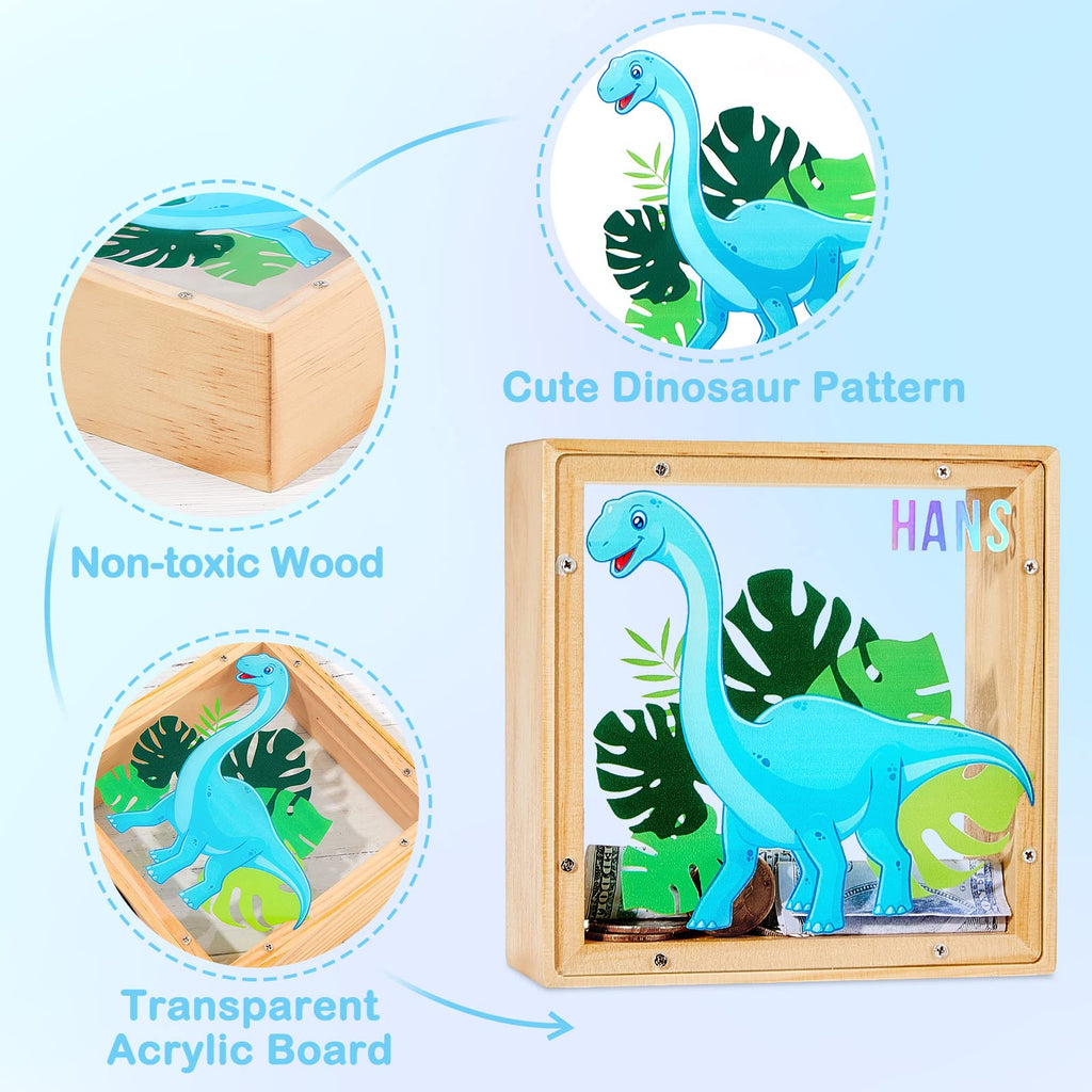 ICOSY Wooden Piggy Bank for Kids - DIY Name Unicorn Dinosaur Money Bank with Alphabet Stickers and Transparent Acrylic Sheet (5.9x5.9x1.9 inches)