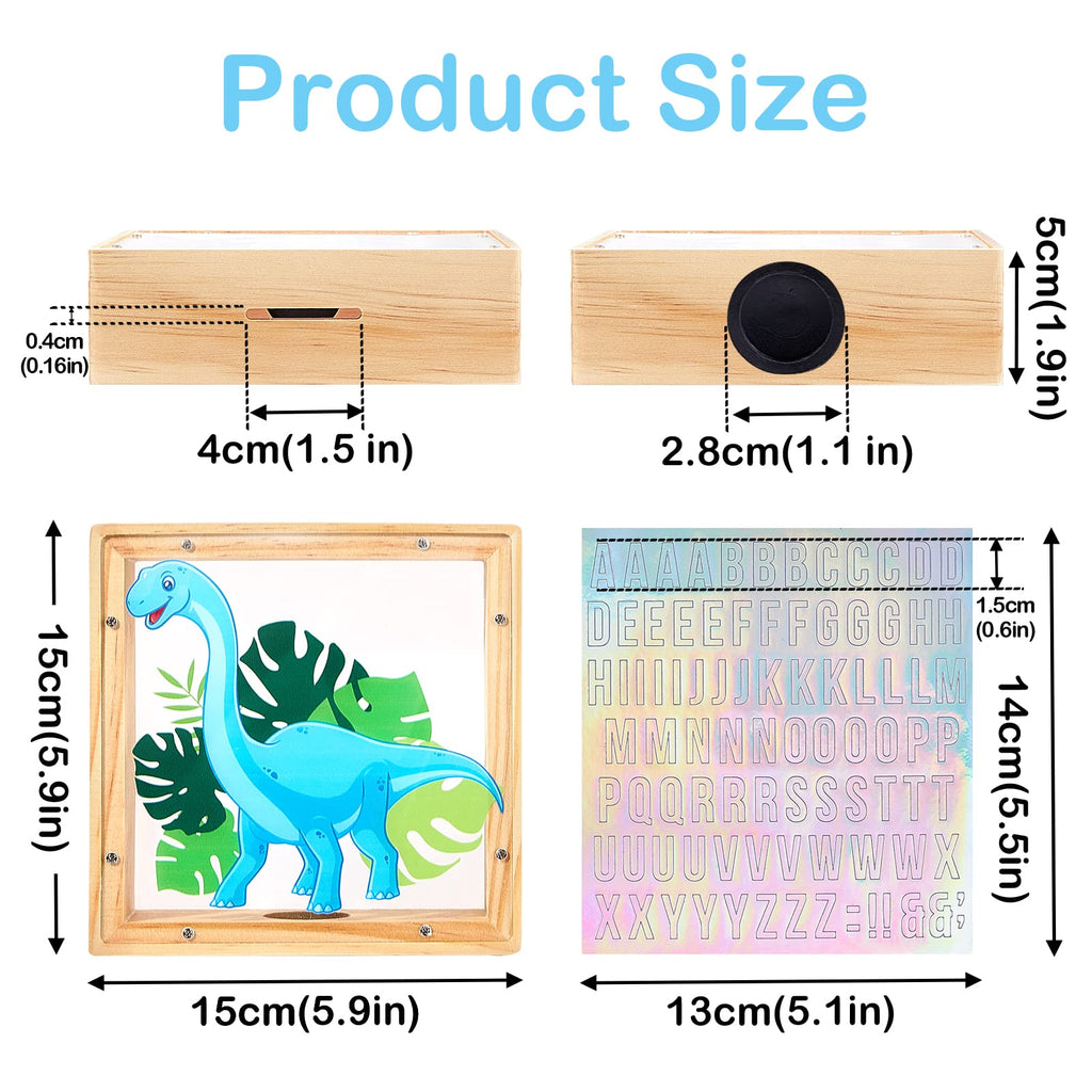 ICOSY Wooden Piggy Bank for Kids - DIY Name Unicorn Dinosaur Money Bank with Alphabet Stickers and Transparent Acrylic Sheet (5.9x5.9x1.9 inches)