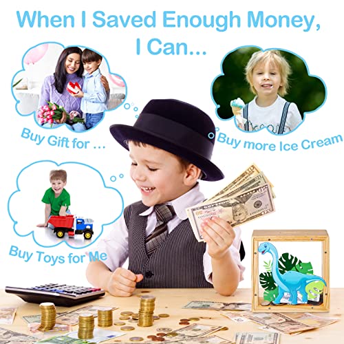 ICOSY Wooden Piggy Bank for Kids - DIY Name Unicorn Dinosaur Money Bank with Alphabet Stickers and Transparent Acrylic Sheet (5.9x5.9x1.9 inches)