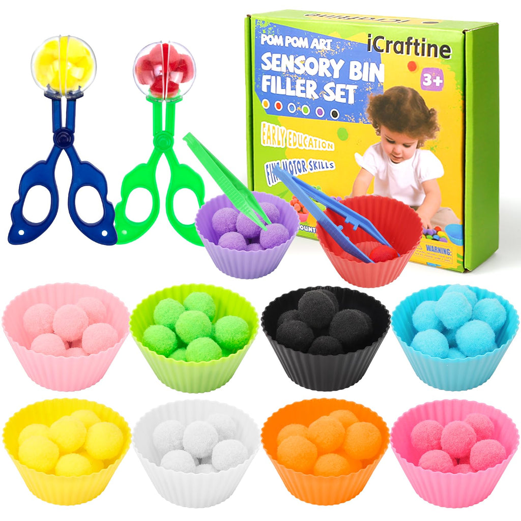 iCraftine 114-Piece Sensory Bin Filler with Sorting Bowls, Pom Poms, Tweezers, and Scoopers for Fine Motor Skills Development