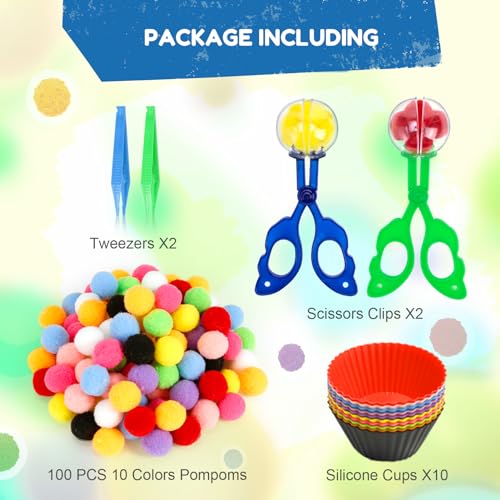 iCraftine 114-Piece Sensory Bin Filler with Sorting Bowls, Pom Poms, Tweezers, and Scoopers for Fine Motor Skills Development