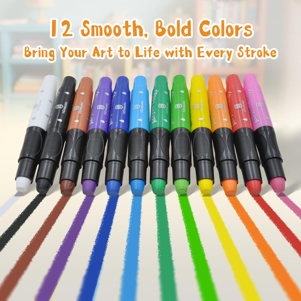 iCrayon 12 Color Twist Crayons – Washable, Non-Toxic, Quick-Drying for Kids Art Projects on Paper, Glass, Wood & Canvas