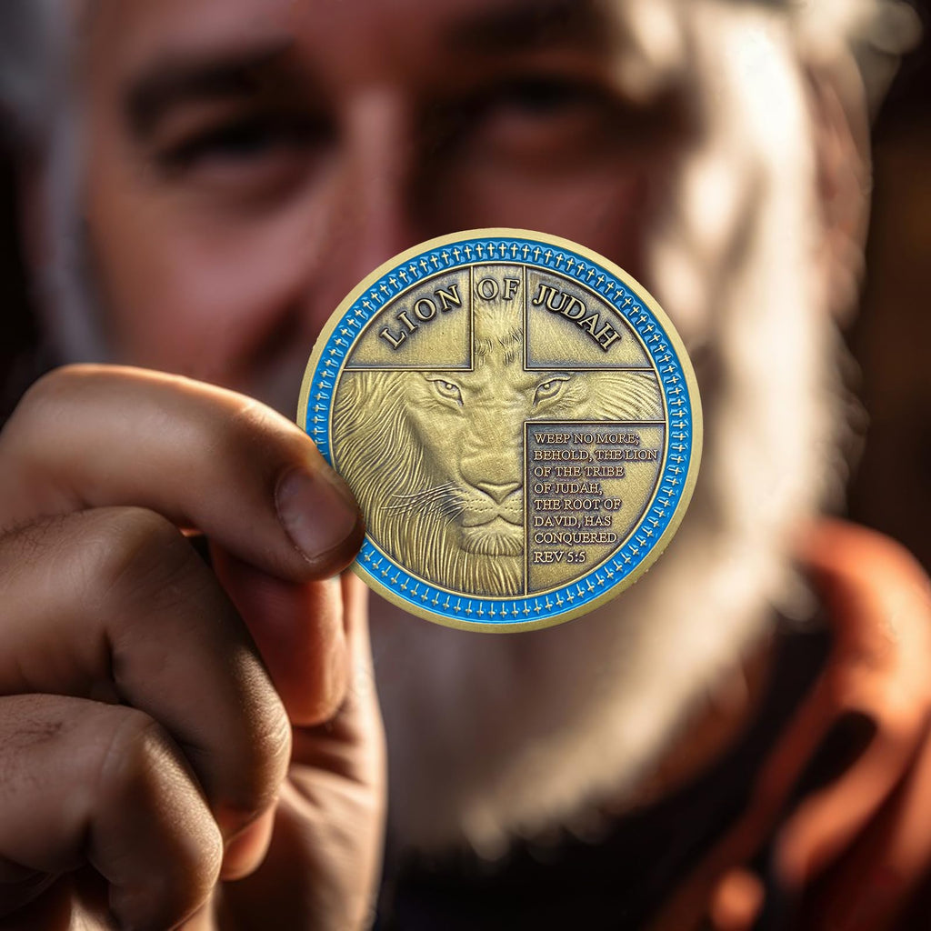 IELCJJ Lion of Judah Challenge Coin – Joshua 1:9 Scripture Coin with 3D Engraving, Zinc Alloy, Protective Case, Religious Gift