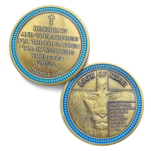 IELCJJ Lion of Judah Challenge Coin – Joshua 1:9 Scripture Coin with 3D Engraving, Zinc Alloy, Protective Case, Religious Gift