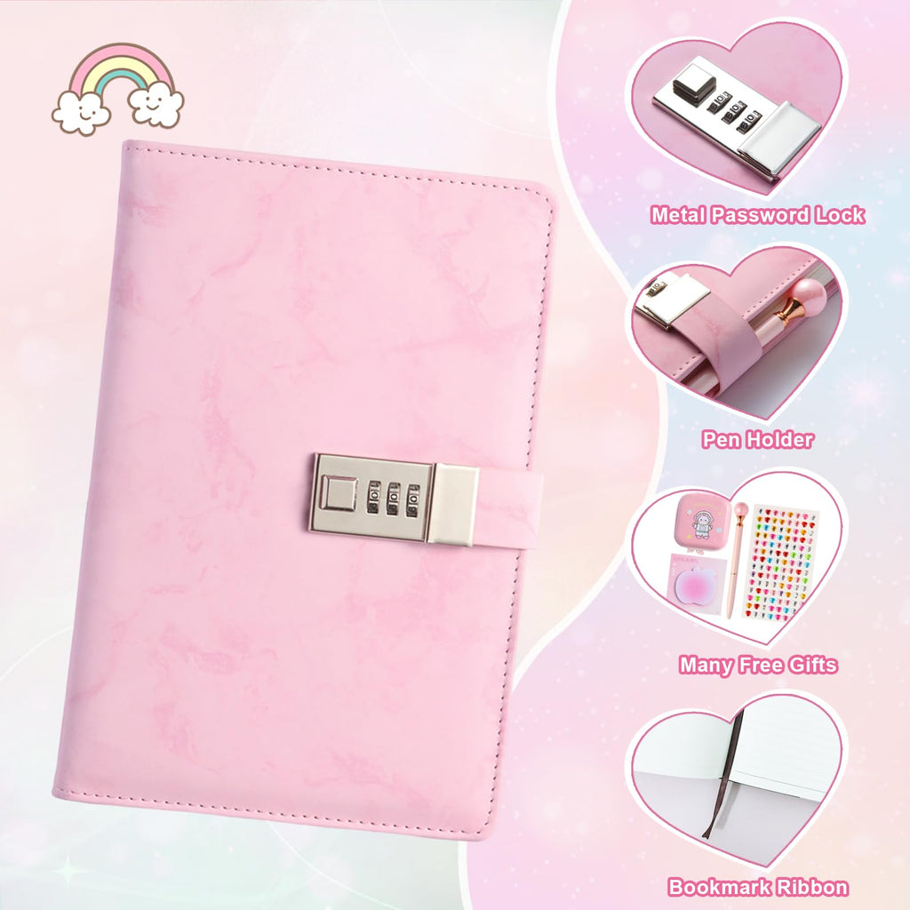 IFINTECHNO Pink Marble PU Leather Locking Diary Gift Set – A5 300-Page Journal with Combination Lock, Pen, Bracelet & More