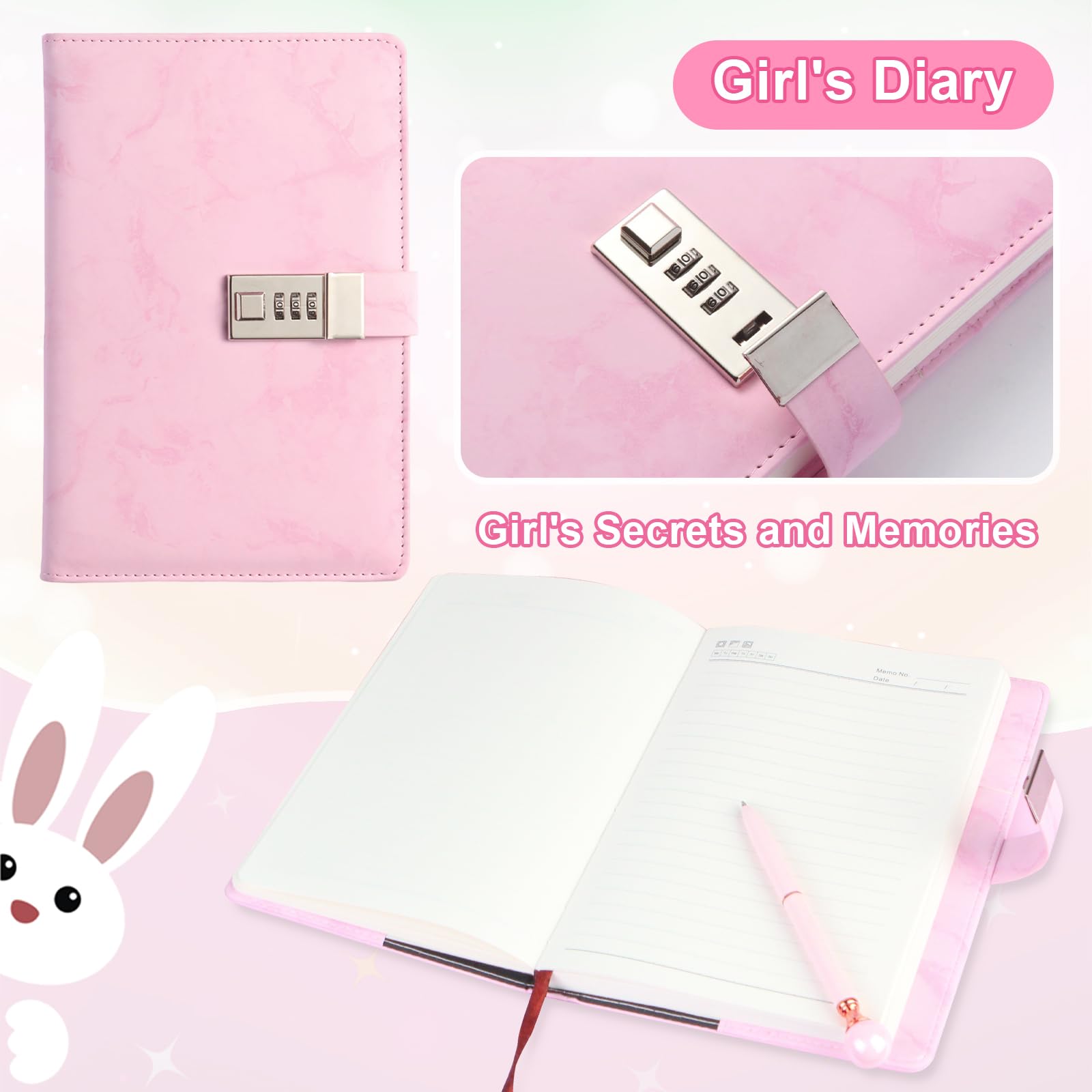 IFINTECHNO Pink Marble PU Leather Locking Diary Gift Set – A5 300-Page Journal with Combination Lock, Pen, Bracelet & More