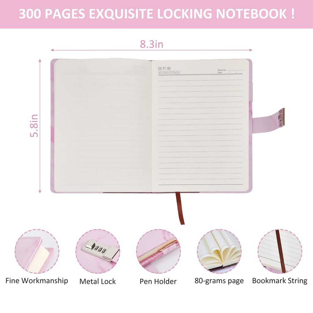 IFINTECHNO Pink Marble PU Leather Locking Diary Gift Set – A5 300-Page Journal with Combination Lock, Pen, Bracelet & More