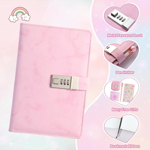 IFINTECHNO Pink Marble PU Leather Locking Diary Gift Set – A5 300-Page Journal with Combination Lock, Pen, Bracelet & More