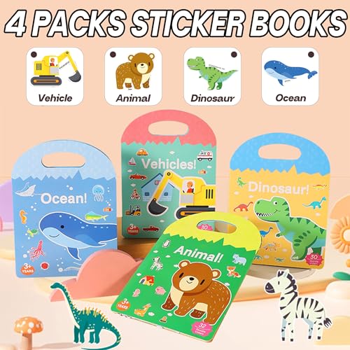 iGetooy 4 Sets Puffy Sticker Books for Toddlers - 122 Reusable 3D Stickers (Vehicles, Animals, Dinosaurs, Ocean)