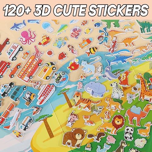 iGetooy 4 Sets Puffy Sticker Books for Toddlers - 122 Reusable 3D Stickers (Vehicles, Animals, Dinosaurs, Ocean)