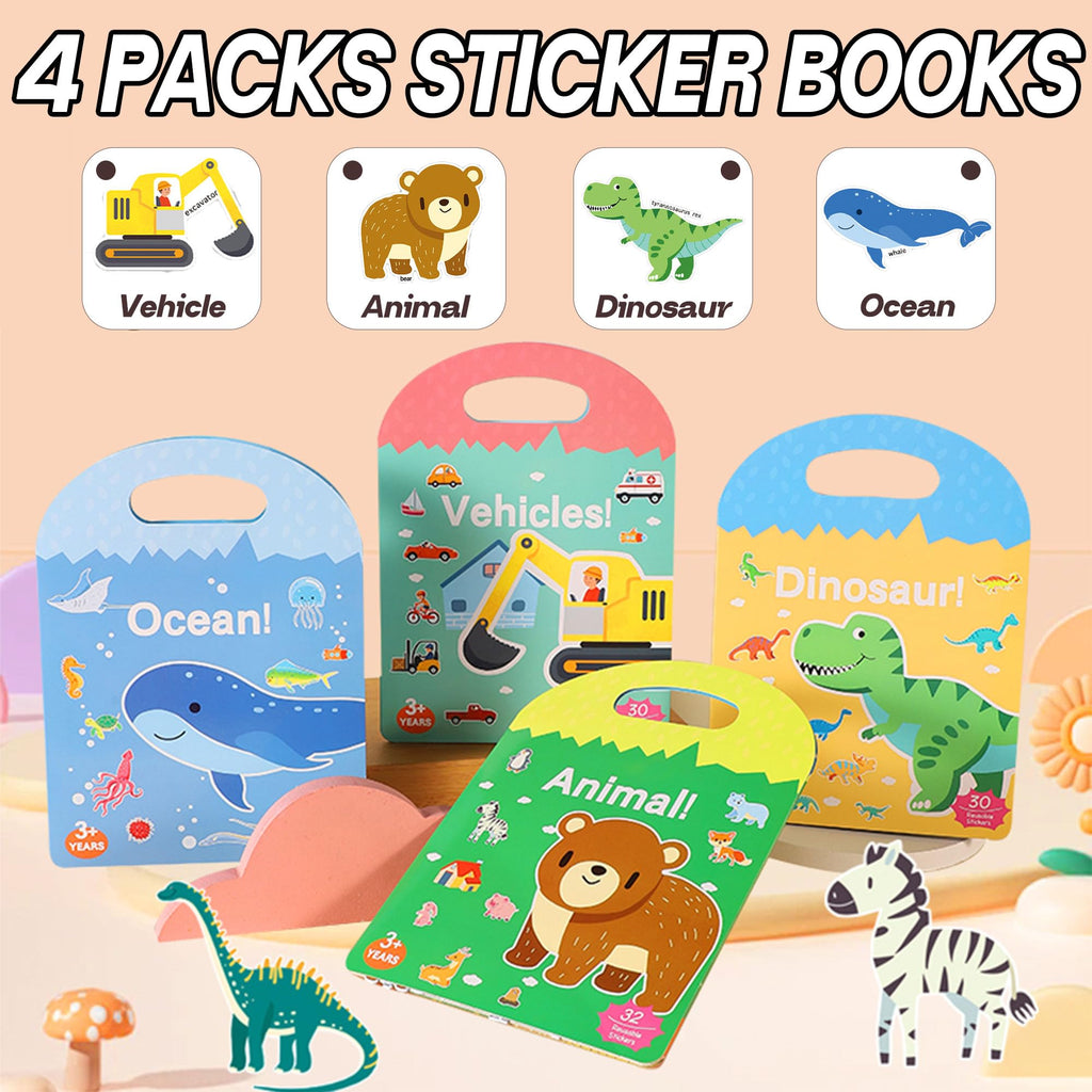 iGetooy 4 Sets Puffy Sticker Books for Toddlers - 122 Reusable 3D Stickers (Vehicles, Animals, Dinosaurs, Ocean)